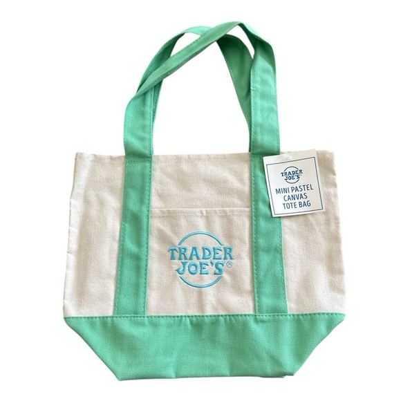 Trader Joe's Green and Blue Pastel Mini Limited Edition Canvas Tote Bag New - Picture 7 of 7